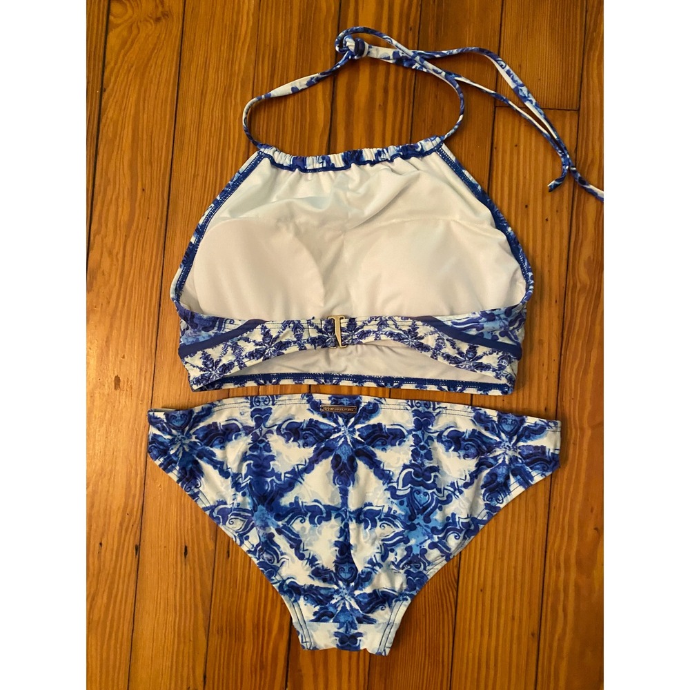 Michael Kors Womens Blue White Sz XS High Neck Halter Bikini Set Two Piece - Picture 6 of 9